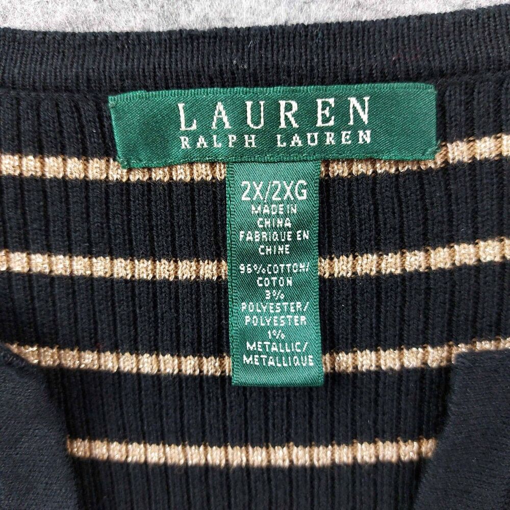 Lauren Ralph Lauren Striped Knit Top Womens 2X Black Gold Henley Metallic Ribbed - Picture 7 of 8